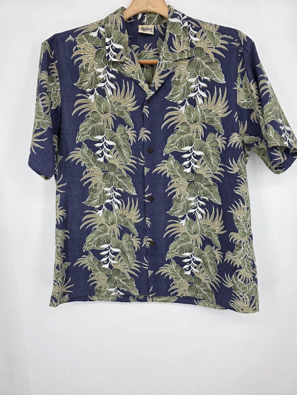 Vintage Royal Creations Hawaiian Shirt Mens XL Blue with Green & White Tropical
